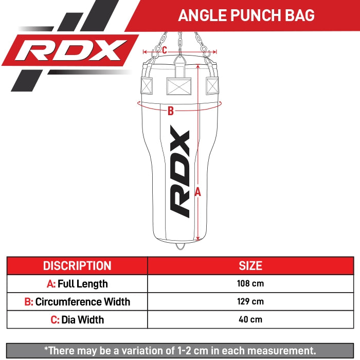 RDX 3-in-1 Angle Punch Bag Full Black with Gloves Set Size Chart