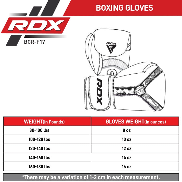 RDX Boxing Gloves Aura F-17 Size Chart