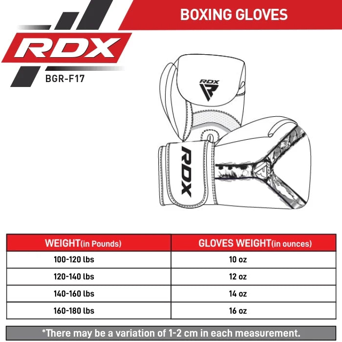 RDX Boxing Gloves Aura F-17 Size Chart