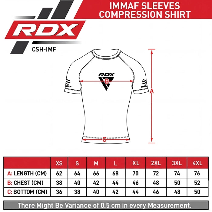 RDX IMMAF Approved Half Sleeves Compression Shirt Blue Size Chart