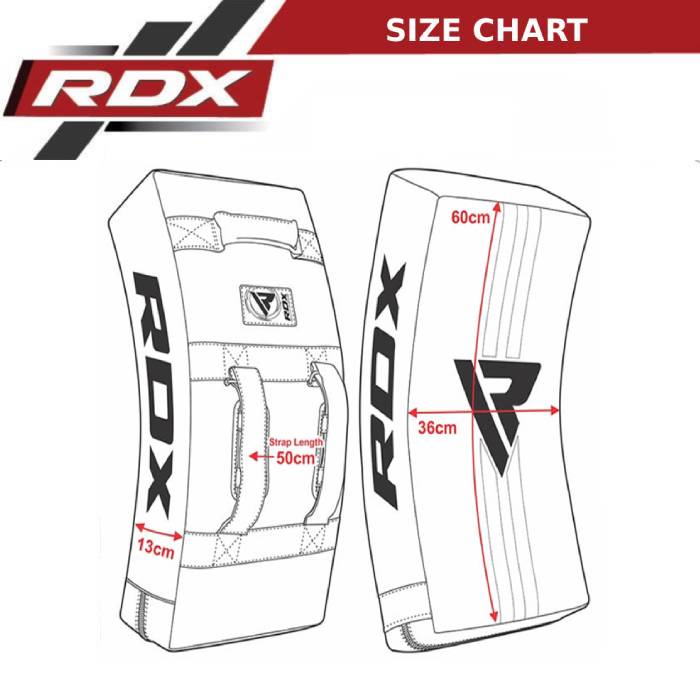 RDX T1 Curved Kick Shield with Nylon Handles Size Chart