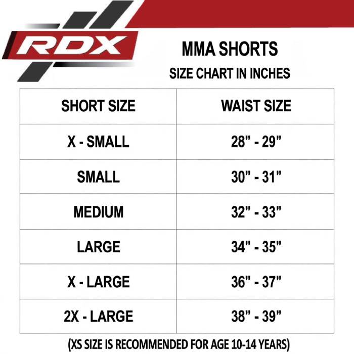 RDX R9 MMA Shorts Size Chart