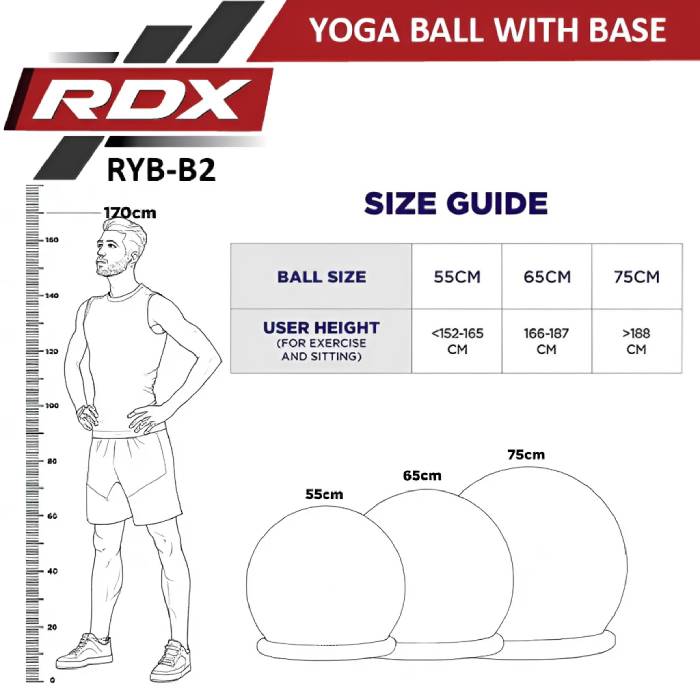 RDX B2 Inflatable Yoga Ball with Anti-Slip Base, Resistance Tubes & Air Pump Size Chart