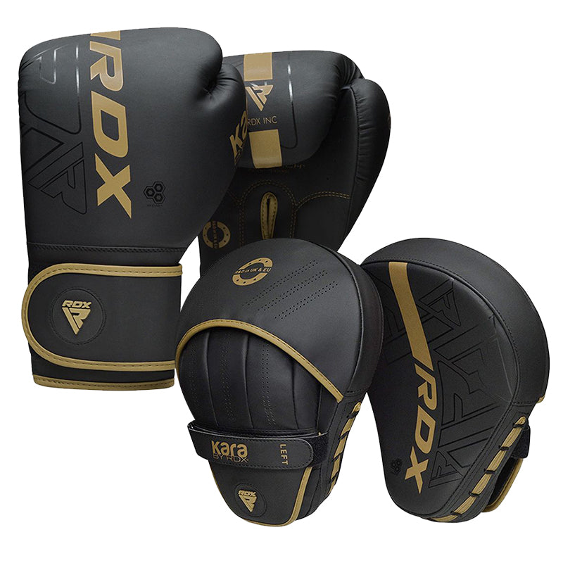 RDX F6 Kids 6oz KARA Boxing Gloves & Focus Pads#color_golden