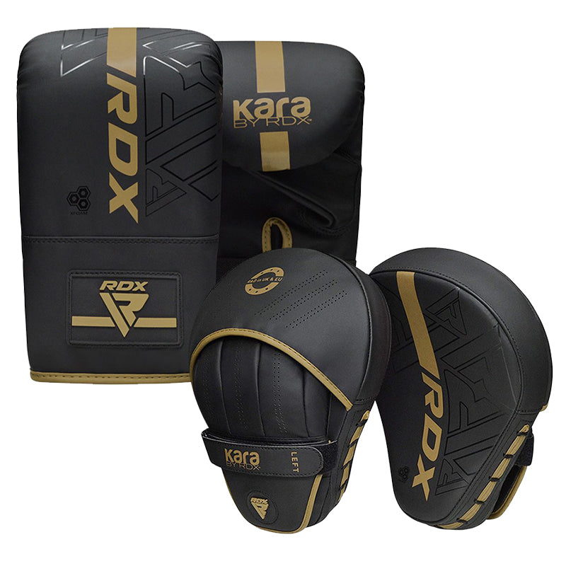 RDX Boxing Pads and Gloves Set, Maya Hide Leather Kara Hook and Jab Curved Focus Mitts with Punching Gloves, Golden, 12oz