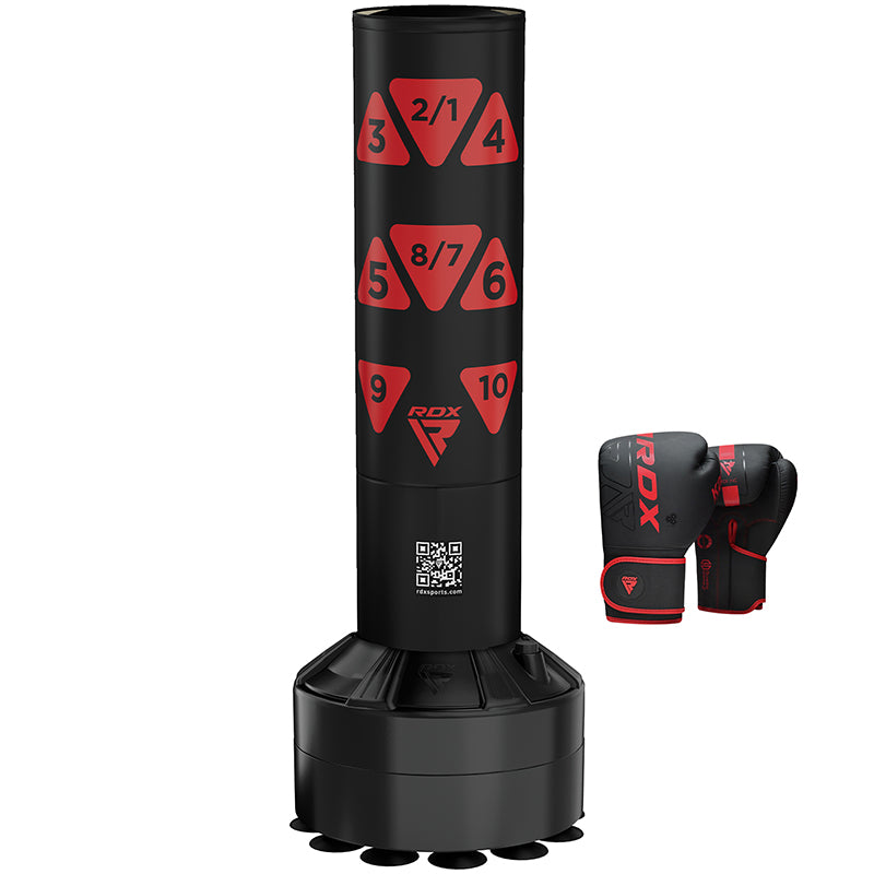 Kids Punching Ball Bag With Gloves - Adjustable Height, Speed Training, Red/Black