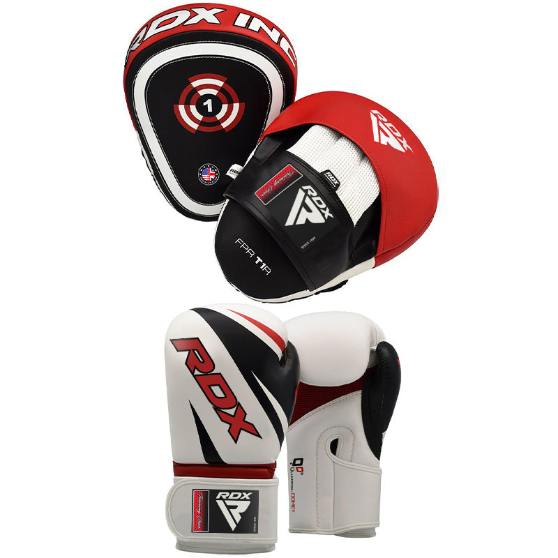 RDX red white black training boxing gloves with focus pads