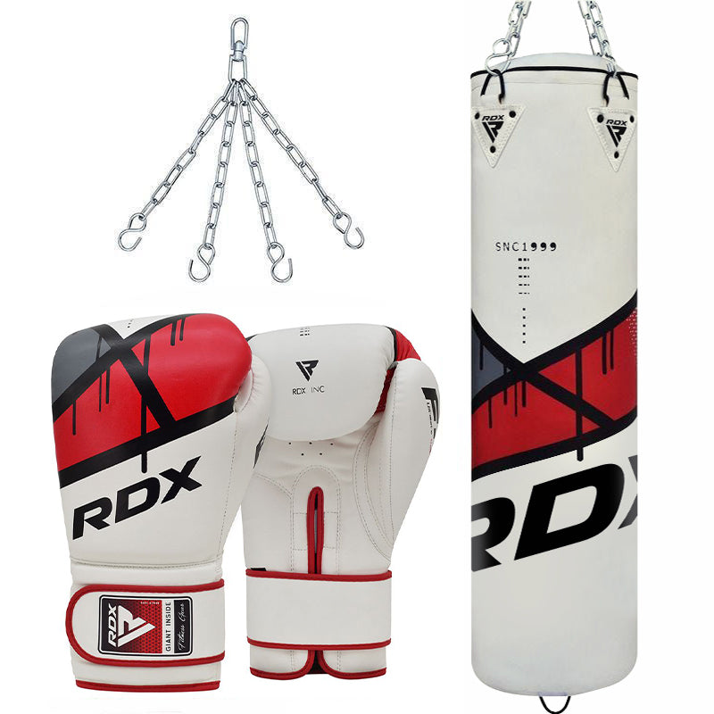 Red White 3FT 4FT 3PC Punch Bag Set Leather Boxing Punchbag Wall Bracket Gloves Chain Red White 3FT 4FT 3PC Punch Bag Set Leather Boxing Punchbag Wall Bracket Gloves Chain